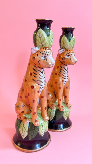 Vintage 1996 Cheetah Candlestick Pair