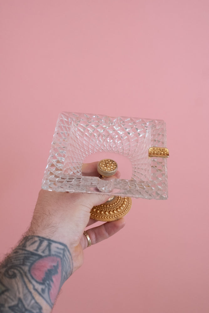 Vintage Mid-Century Gilded Brass and Crystal Glass Ashtray