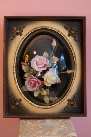 Large Antique Shadow Box With Flowers and Convex Bubble Glass