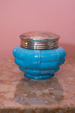 Vintage Blue Glass Stash Jar with Silver Lid