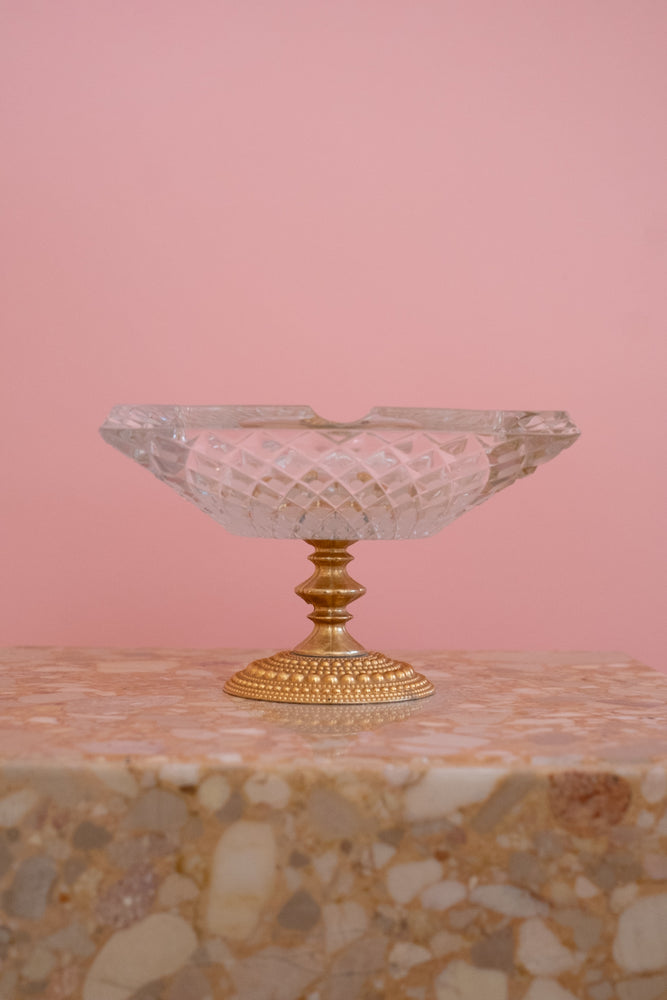 Vintage Mid-Century Gilded Brass and Crystal Glass Ashtray
