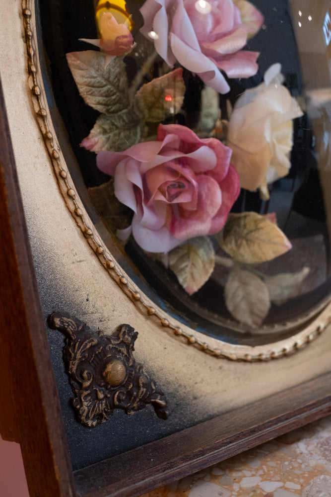 Large Antique Shadow Box With Flowers and Convex Bubble Glass