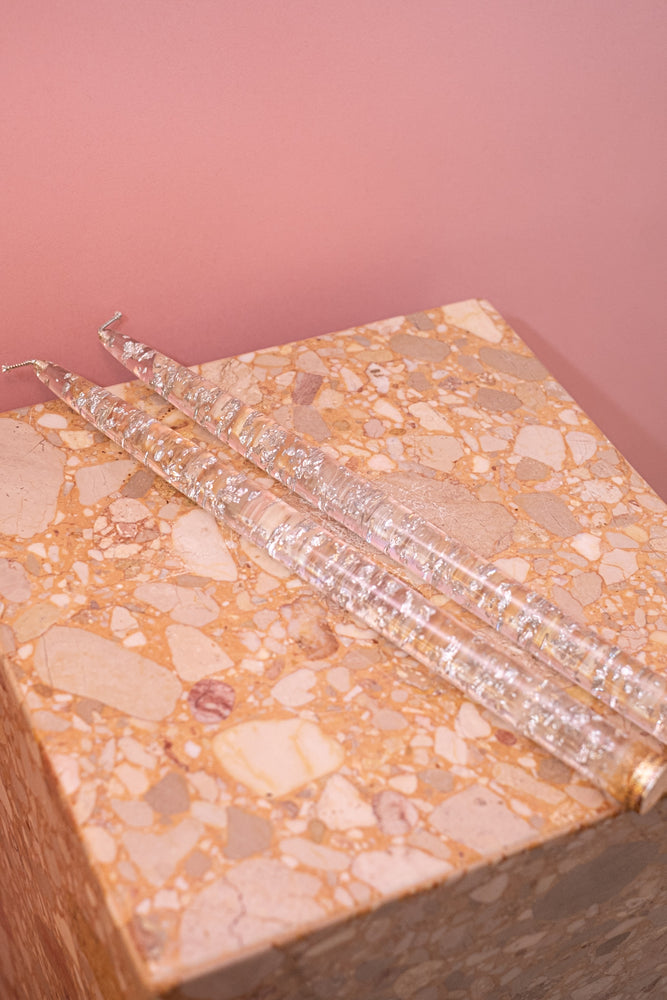 Vintage Lucite Candles Clear with Silver Flaskes