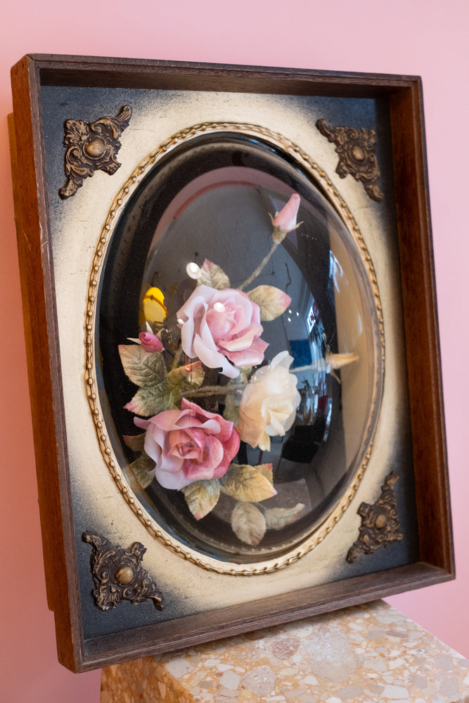 Large Antique Shadow Box With Flowers and Convex Bubble Glass