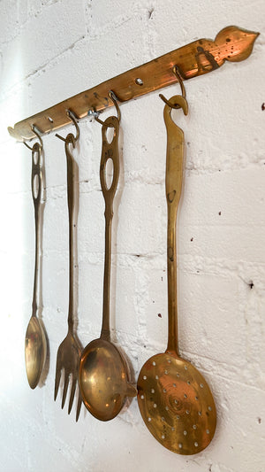 Vintage Brass Utensil Set with Hanger, Utensils for Cooking and Serving