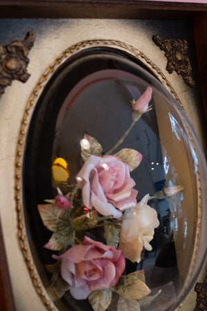 Large Antique Shadow Box With Flowers and Convex Bubble Glass