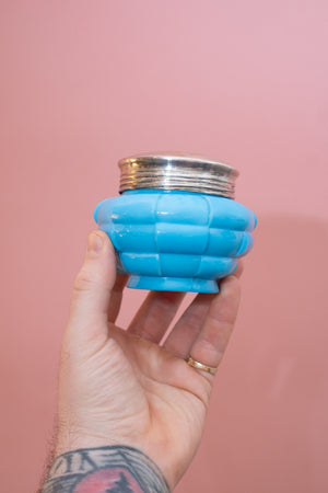Vintage Blue Glass Stash Jar with Silver Lid