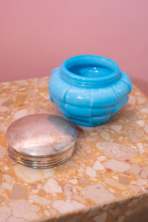 Vintage Blue Glass Stash Jar with Silver Lid