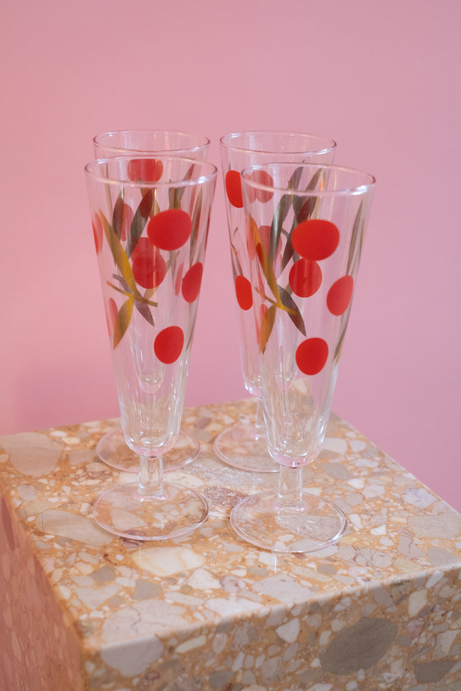 Vintage Federal Red Cherry Gold Leaf Champagne Flutes