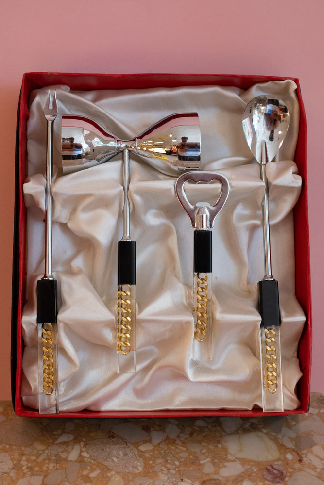 Vintage MCM Lucite and Stainless Steel Bar Tool Set