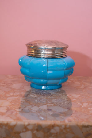 Vintage Blue Glass Stash Jar with Silver Lid