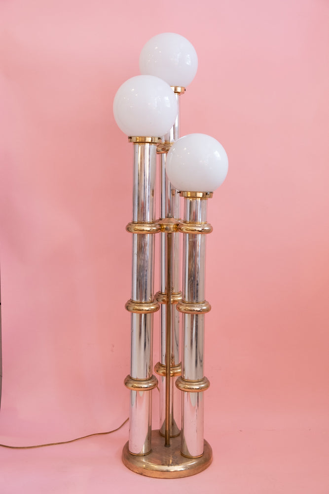 Vintage 70’s Bamboo Style Chrome and Brass Floor Lamp