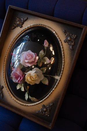 Large Antique Shadow Box With Flowers and Convex Bubble Glass