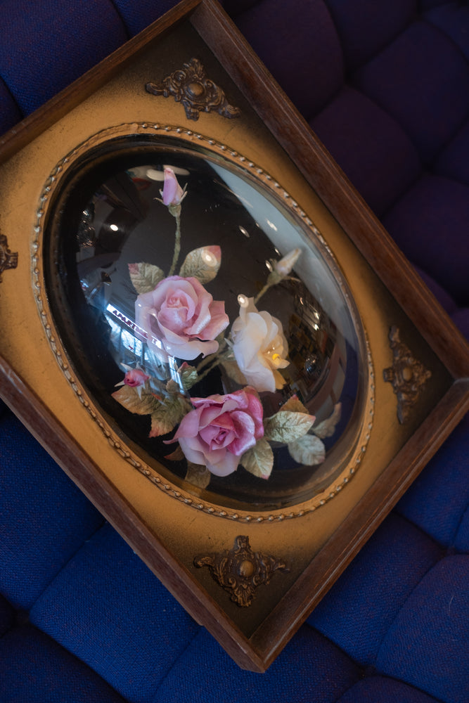 Large Antique Shadow Box With Flowers and Convex Bubble Glass