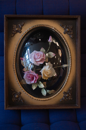 Large Antique Shadow Box With Flowers and Convex Bubble Glass