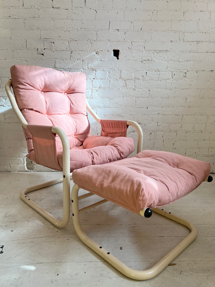 Vintage 80's Amisco Pink Tubular Cantilevered Chair with Ottoman