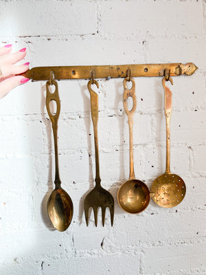 Vintage Brass Utensil Set with Hanger, Utensils for Cooking and Serving