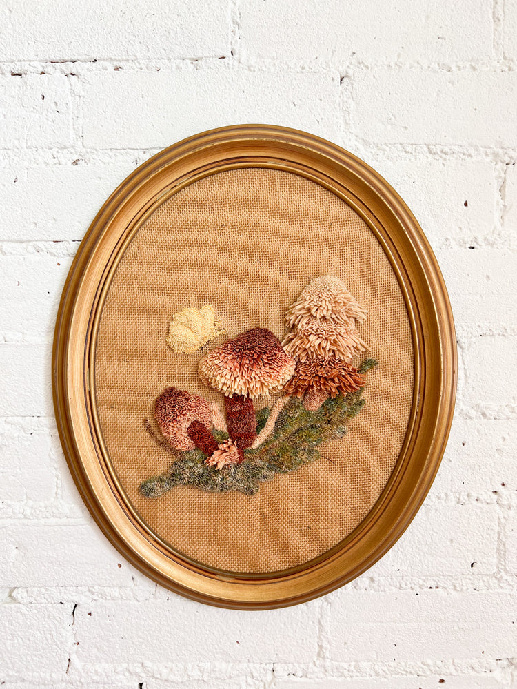 Vintage Embroidered Mushroom Fringe Art