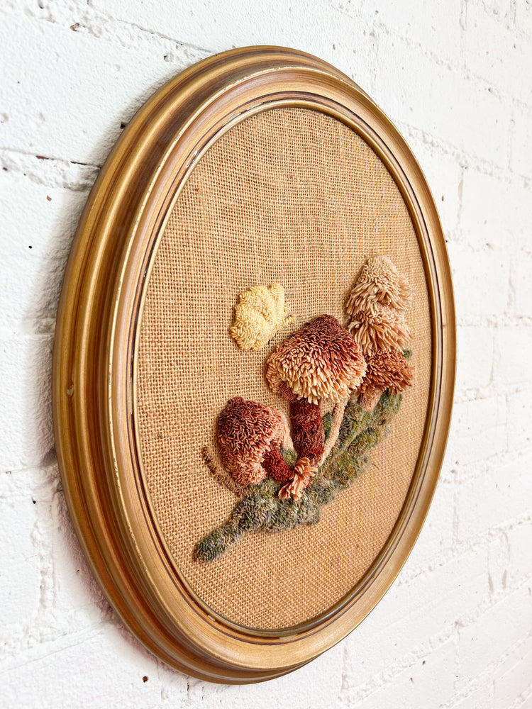 Vintage Embroidered Mushroom Fringe Art