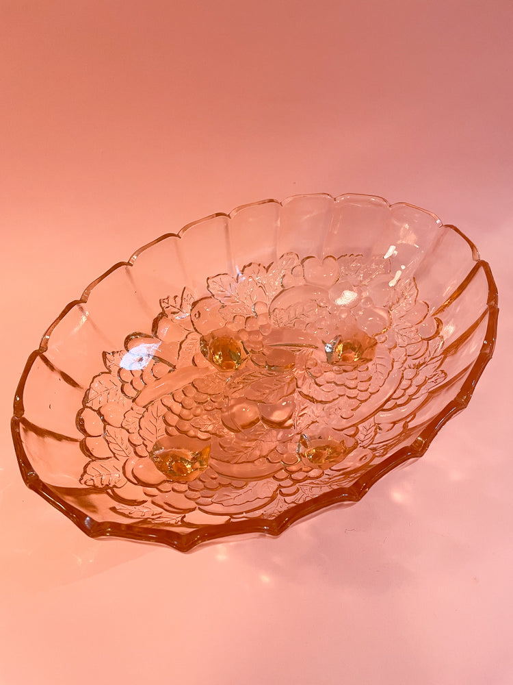 Vintage Pink Embossed Glass Footed Fruit Bowl