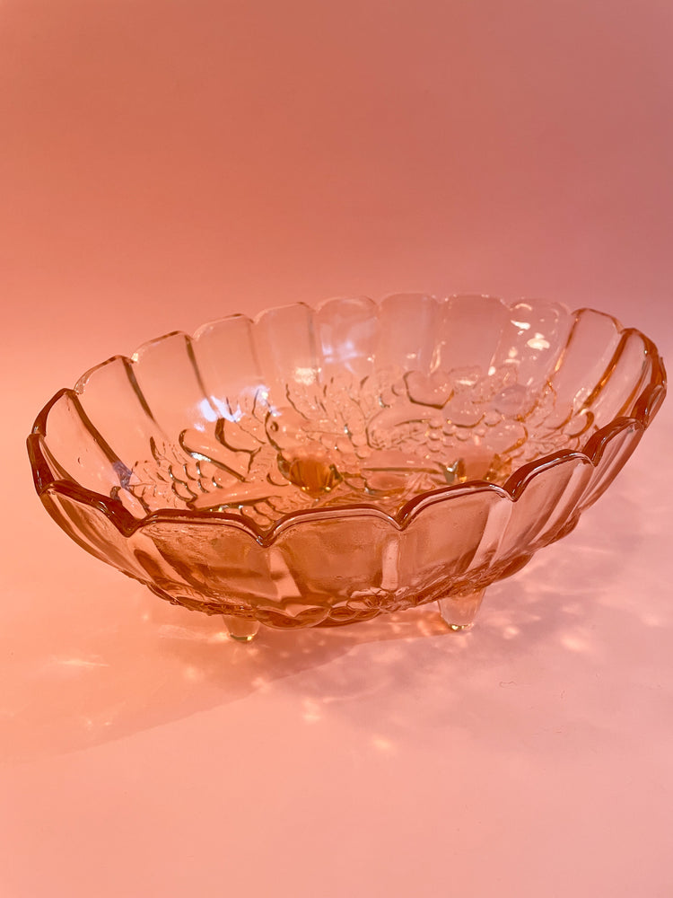 Vintage Pink Embossed Glass Footed Fruit Bowl