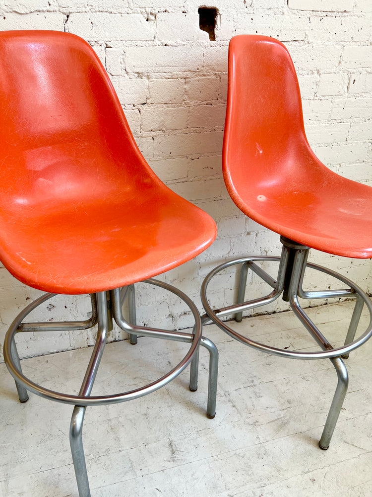 Vintage 1970's Orange Fibreglass Counter Stools