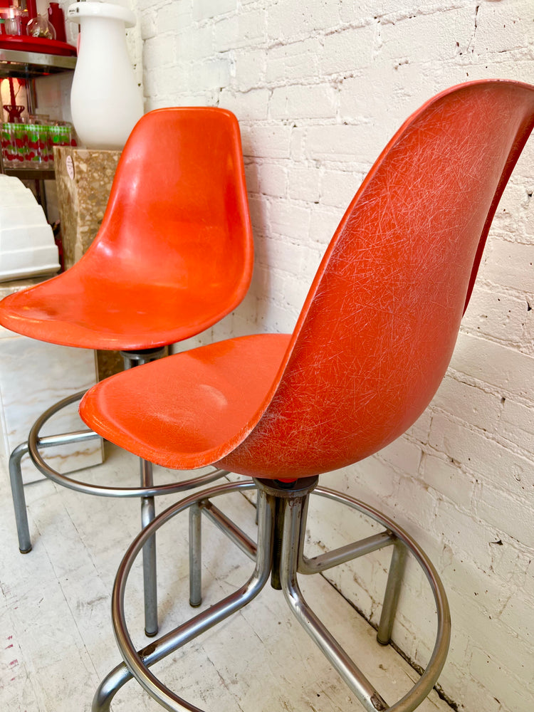 Vintage 1970's Orange Fibreglass Counter Stools