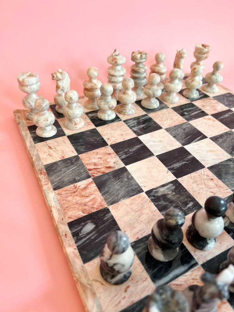 Hand Carved Pink and Black Marble Chess Set