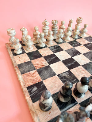 Hand Carved Pink and Black Marble Chess Set