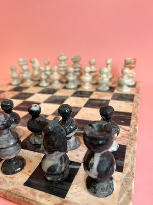 Hand Carved Pink and Black Marble Chess Set