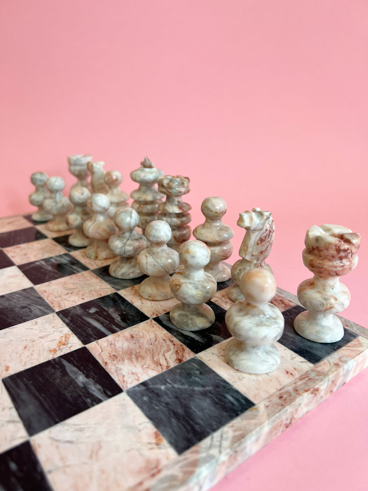 Hand Carved Pink and Black Marble Chess Set