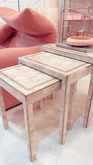 Tessellated Marble and Brass Inlay Nesting Table Set by Maitland Smith