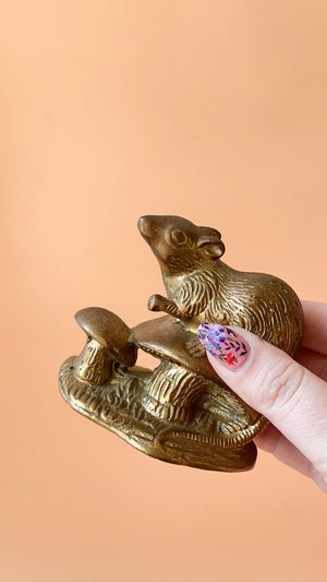 Vintage Brass Mouse & Mushroom Figurine