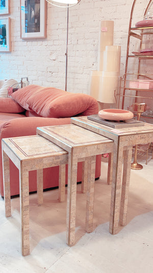 Tessellated Marble and Brass Inlay Nesting Table Set by Maitland Smith