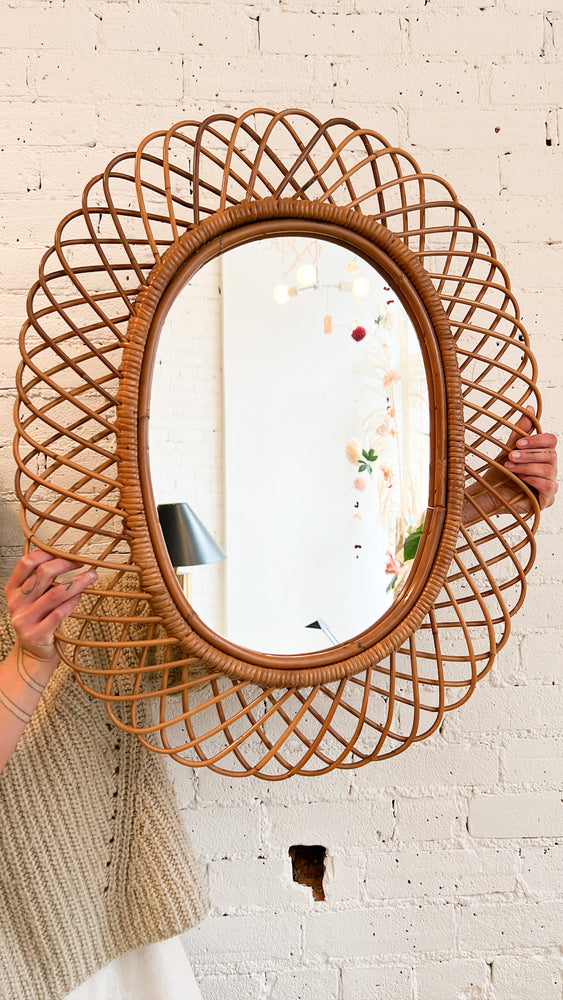 Mid-Century Modern Rosenthal Netter Rattan Flower Burst Mirror, Italy