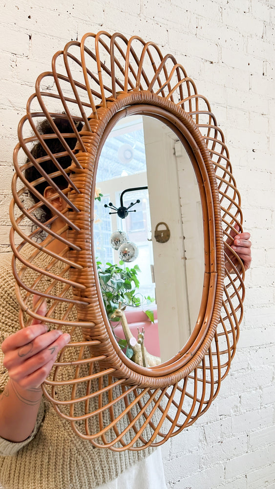 Mid-Century Modern Rosenthal Netter Rattan Flower Burst Mirror, Italy