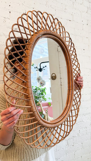 Mid-Century Modern Rosenthal Netter Rattan Flower Burst Mirror, Italy
