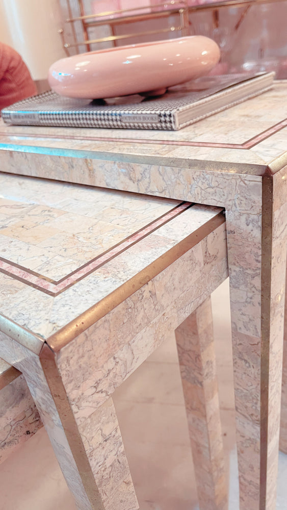 Tessellated Marble and Brass Inlay Nesting Table Set by Maitland Smith
