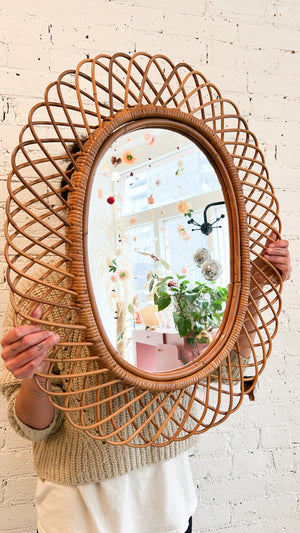 Mid-Century Modern Rosenthal Netter Rattan Flower Burst Mirror, Italy