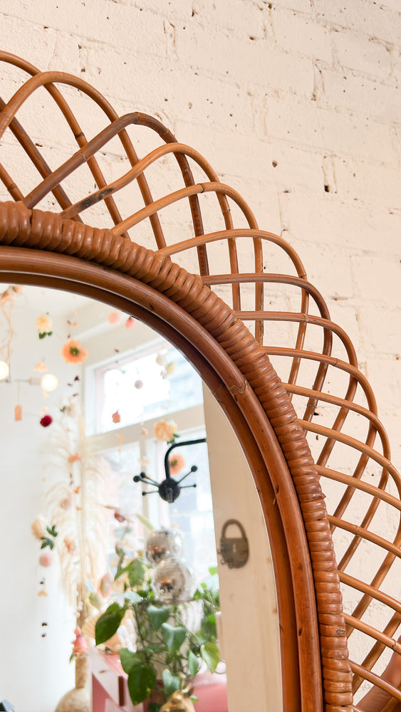 Mid-Century Modern Rosenthal Netter Rattan Flower Burst Mirror, Italy
