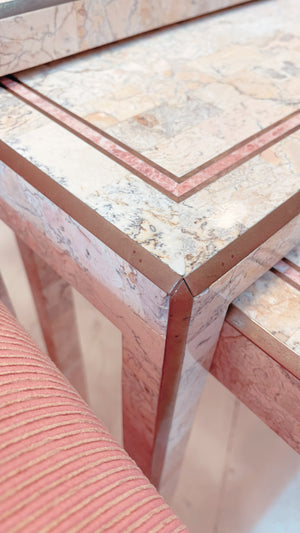 Tessellated Marble and Brass Inlay Nesting Table Set by Maitland Smith
