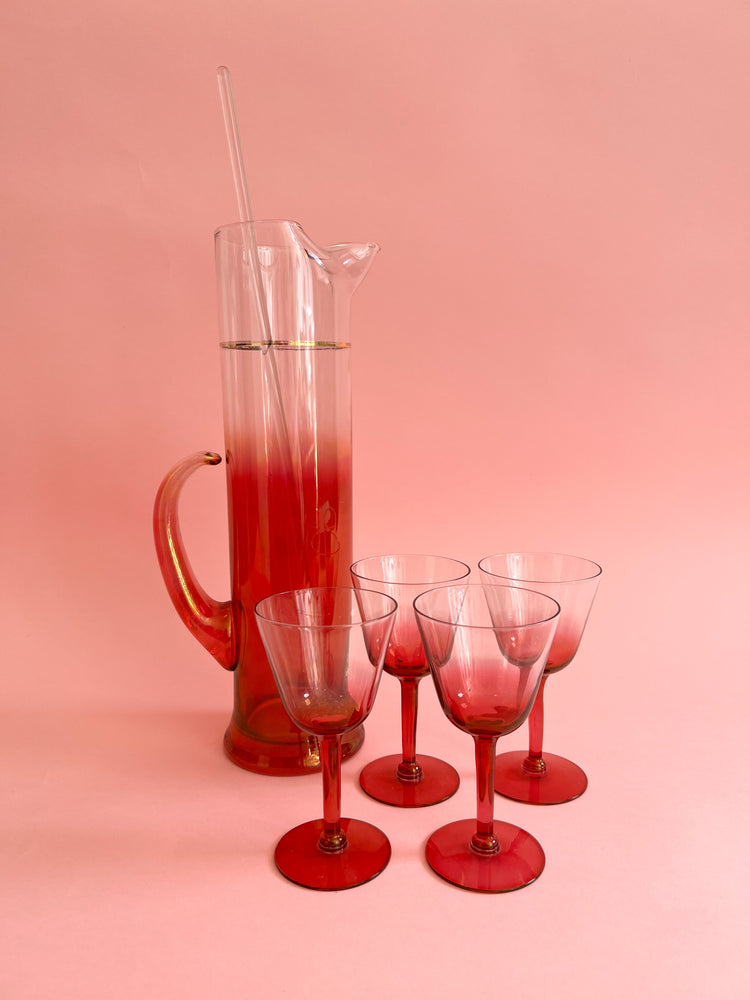 Vintage Ombre Deco Style Cranberry Glassware Set