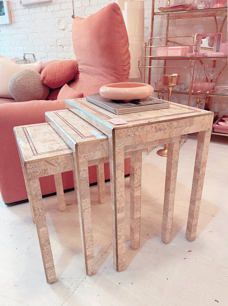 Tessellated Marble and Brass Inlay Nesting Table Set by Maitland Smith