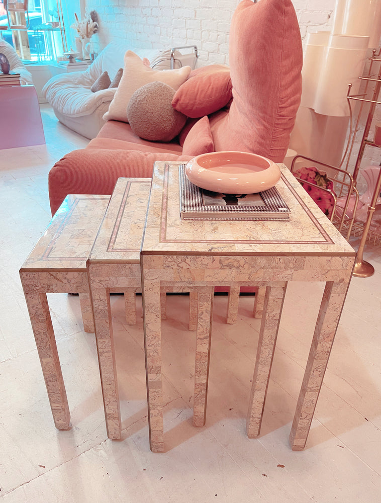 Tessellated Marble and Brass Inlay Nesting Table Set by Maitland Smith