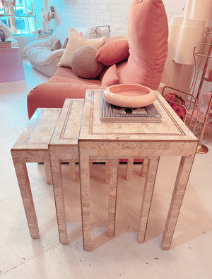 Tessellated Marble and Brass Inlay Nesting Table Set by Maitland Smith