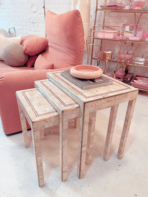Tessellated Marble and Brass Inlay Nesting Table Set by Maitland Smith