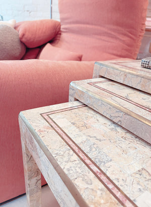 Tessellated Marble and Brass Inlay Nesting Table Set by Maitland Smith