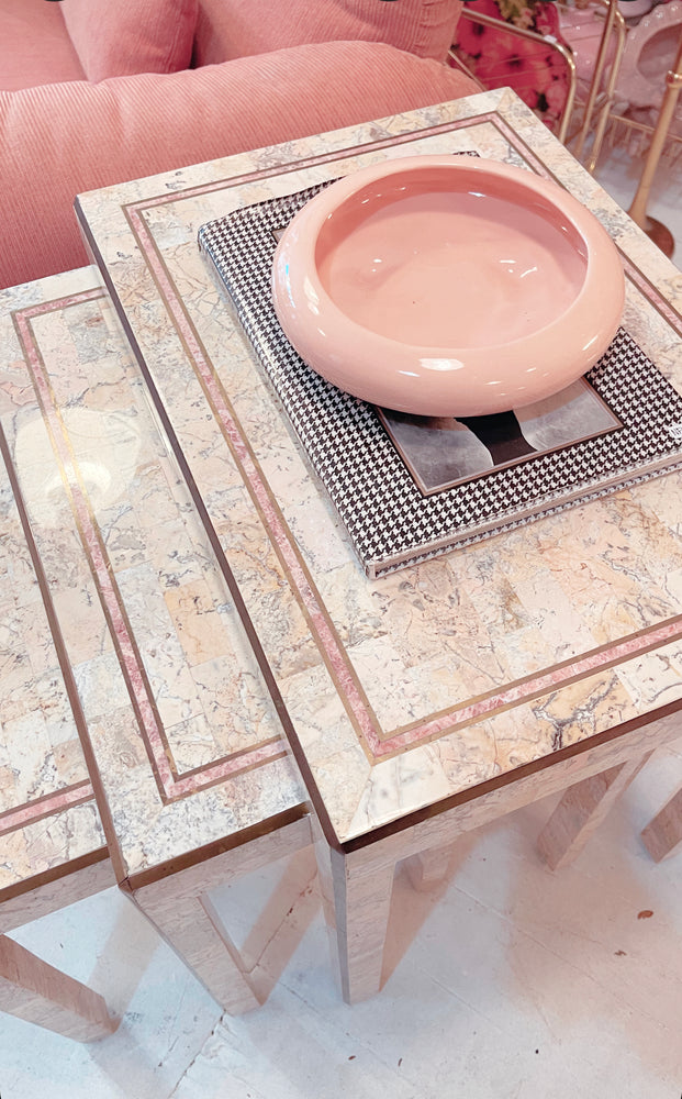 Tessellated Marble and Brass Inlay Nesting Table Set by Maitland Smith