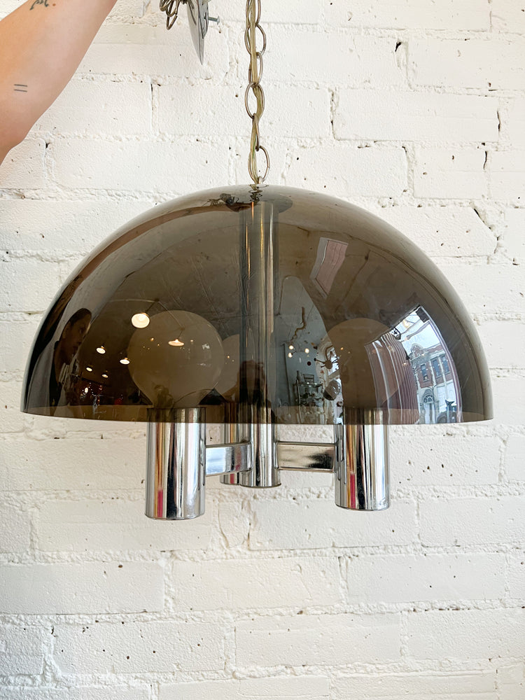 Vintage Smoked Dome Chrome Mid-Century Light Fixture