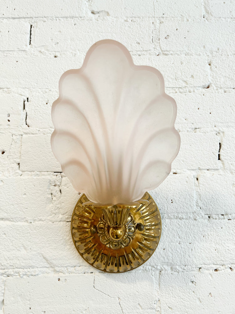 Vintage Art Deco Brass + Pink Frosted Glass Sconces